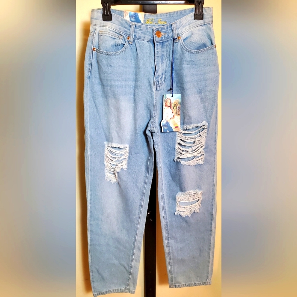 AQ Jeans Distressed Mom Fit Light Denim Jeans Juniors Size 9